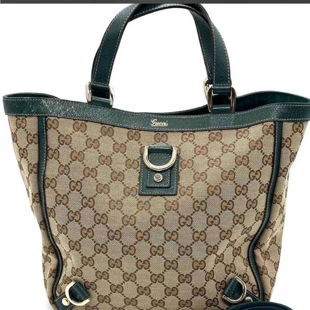 Authentic Gucci Brown Monogram Canvas Tote with Dark Green Leather Trim